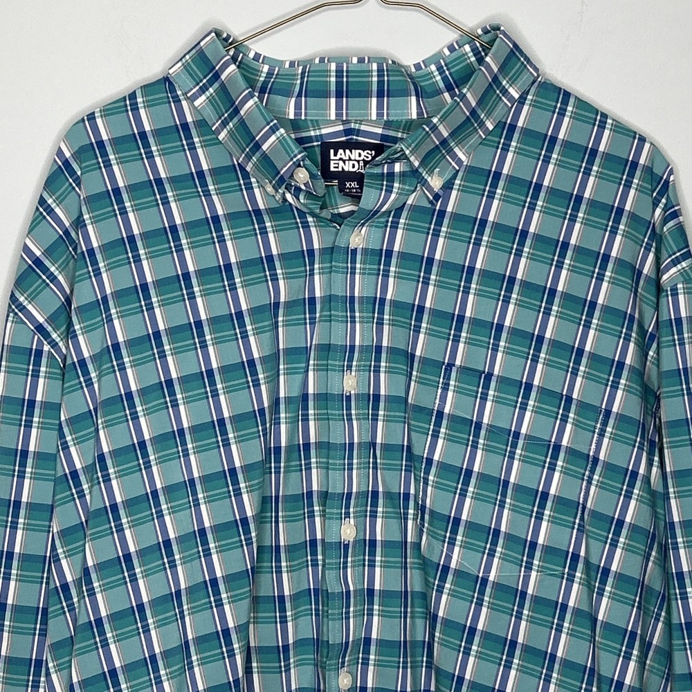 Lands End Gray‎ Plaid Button Up Shirt Stretch Lightweight Casual 2XL